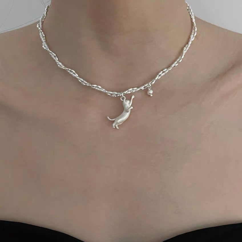 Silver Cat Pearl Necklace