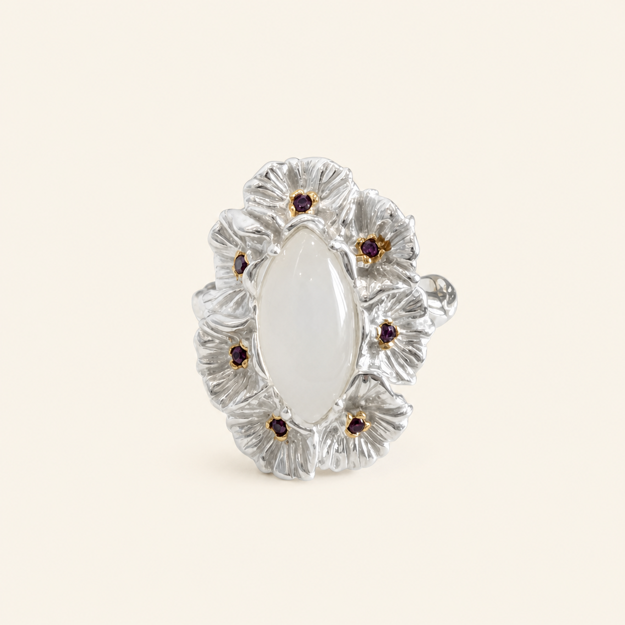 White Chalcedony Mandala Bloom Ring