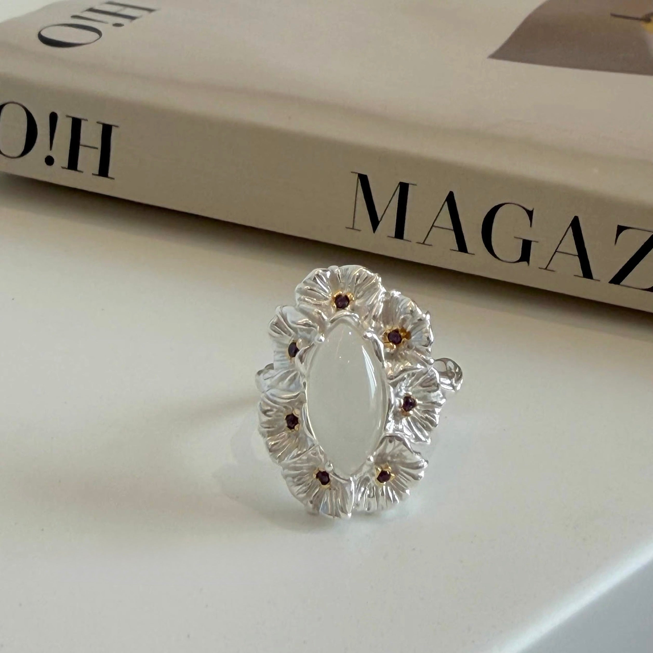 White Chalcedony Mandala Bloom Ring